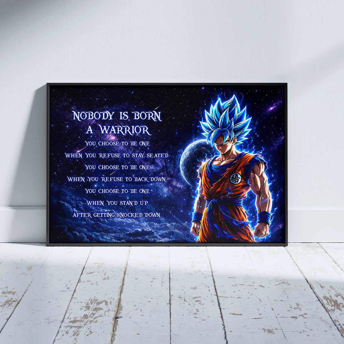 Dragon Ball Super Saiyan Blue Goku Canvas Wall Art - Nobody Is Born A Warrior - Motivational Quote Print - Ready to Hang Home Office Decor - DR093