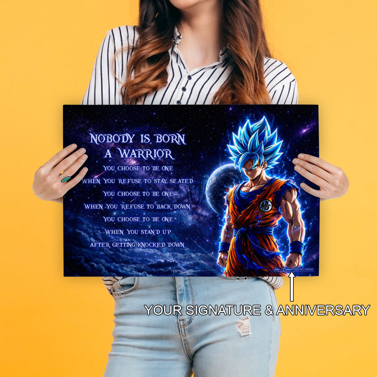 Dragon Ball Super Saiyan Blue Goku Canvas Wall Art - Nobody Is Born A Warrior - Motivational Quote Print - Ready to Hang Home Office Decor - DR093