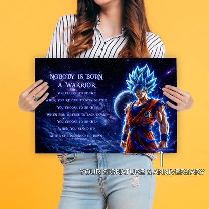 Dragon Ball Super Saiyan Blue Goku Canvas Wall Art - Nobody Is Born A Warrior - Motivational Quote Print - Ready to Hang Home Office Decor - DR093