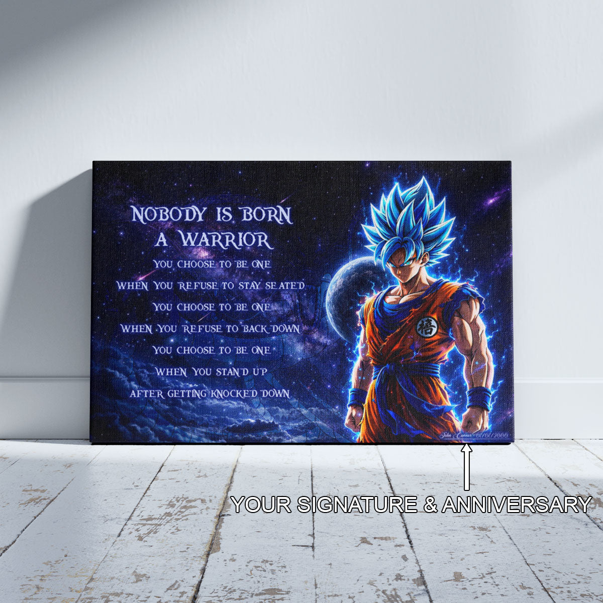 Dragon Ball Super Saiyan Blue Goku Canvas Wall Art - Nobody Is Born A Warrior - Motivational Quote Print - Ready to Hang Home Office Decor - DR093