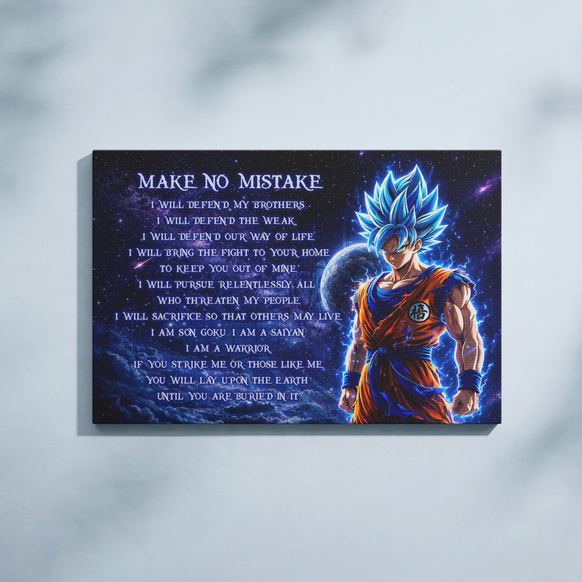 Dragon Ball Super Saiyan Blue Goku Canvas Wall Art - Make No Mistake - Motivational Quote Print - Ready to Hang Office Living Room Decor - DR094