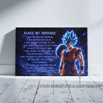 Dragon Ball Super Saiyan Blue Goku Canvas Wall Art - Make No Mistake - Motivational Quote Print - Ready to Hang Office Living Room Decor - DR094