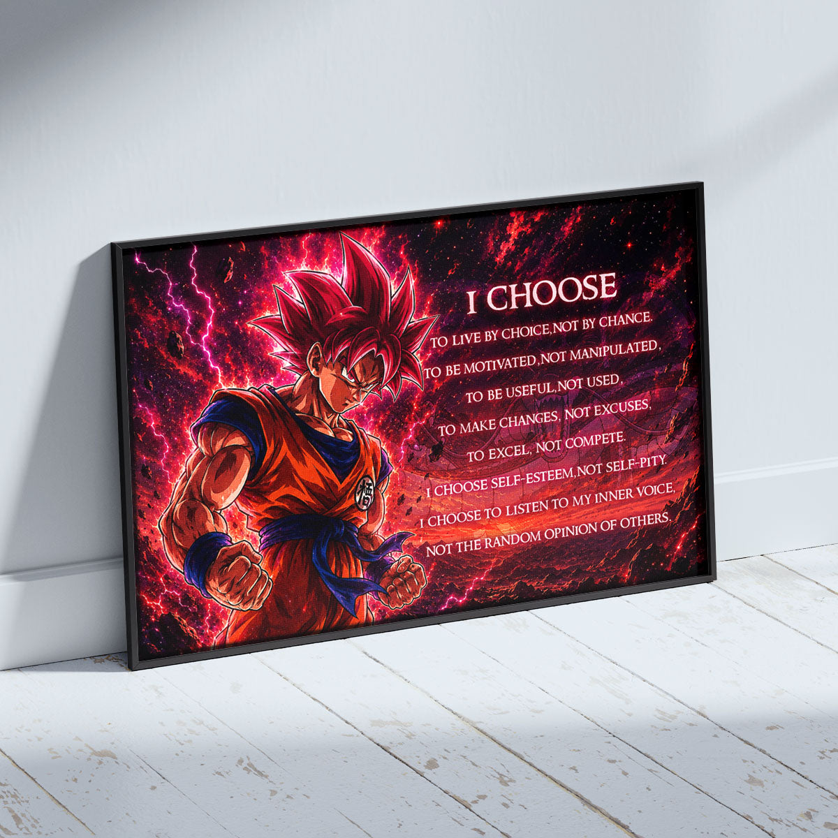Goku Super Saiyan God Canvas Wall Art - Dragon Ball Super Motivational Quote "I Choose" Print - Ready to Hang Home Office Decor - DR095