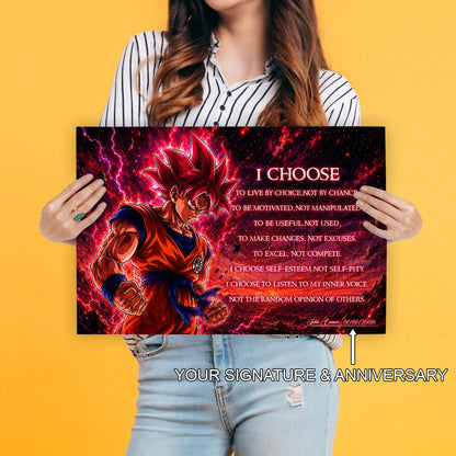 Goku Super Saiyan God Canvas Wall Art - Dragon Ball Super Motivational Quote "I Choose" Print - Ready to Hang Home Office Decor - DR095