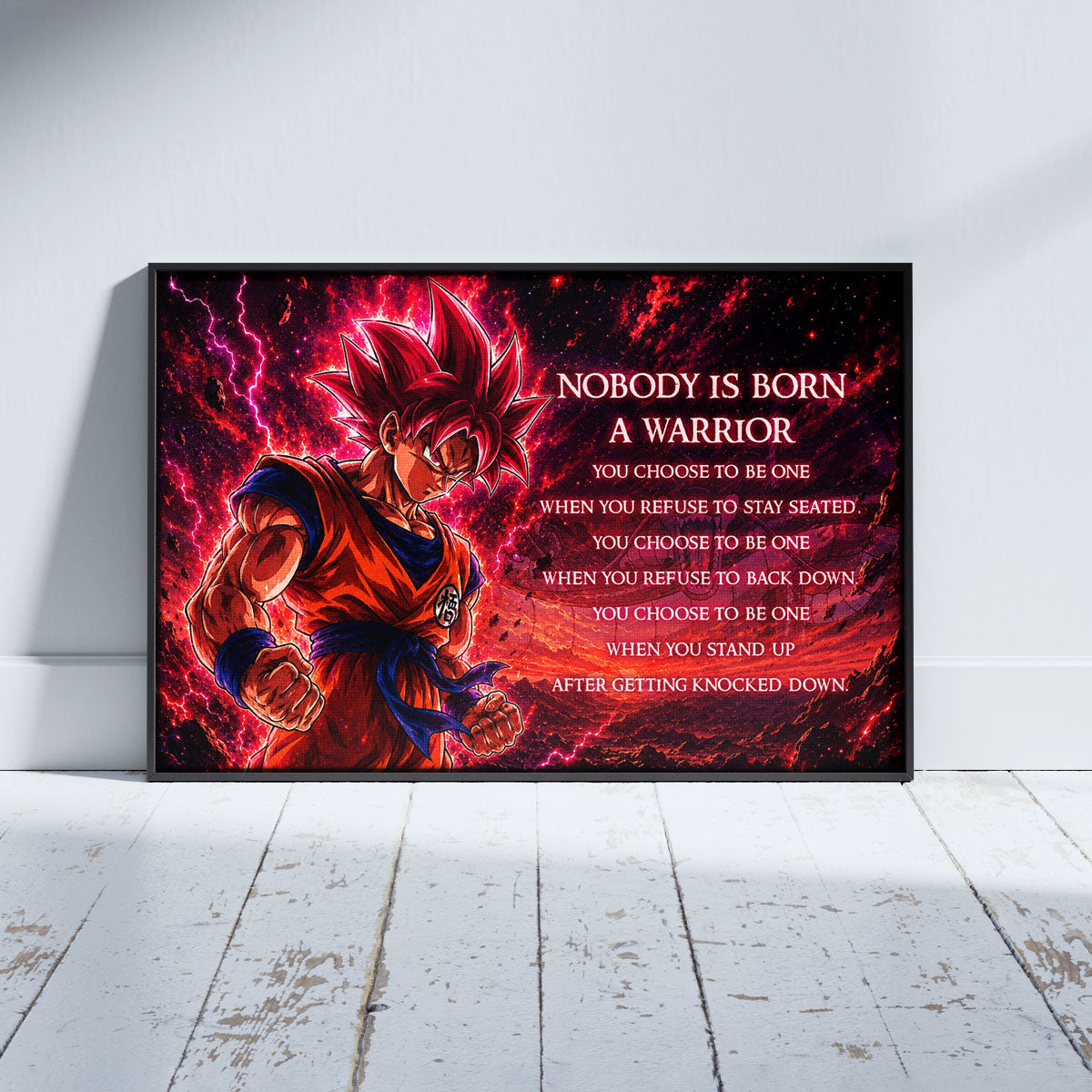 Goku Super Saiyan God Canvas Wall Art - Dragon Ball Super Motivational "Nobody Is Born A Warrior" Print - Ready to Hang Home Office Decor - DR096