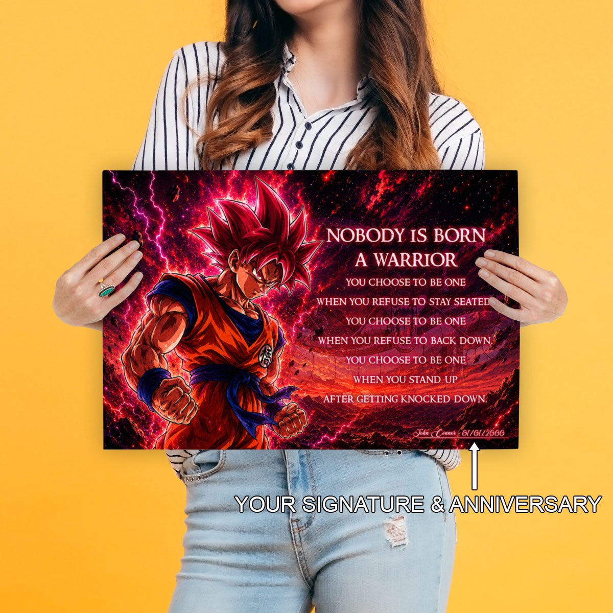 Goku Super Saiyan God Canvas Wall Art - Dragon Ball Super Motivational "Nobody Is Born A Warrior" Print - Ready to Hang Home Office Decor - DR096
