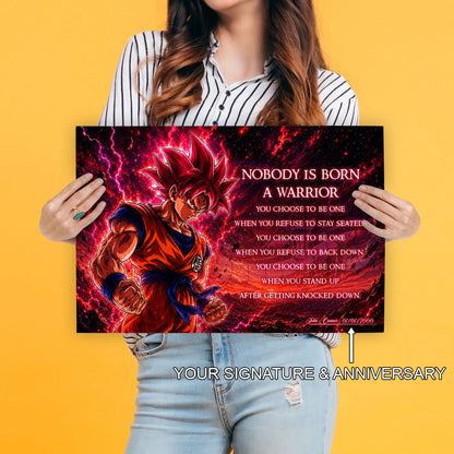 Goku Super Saiyan God Canvas Wall Art - Dragon Ball Super Motivational "Nobody Is Born A Warrior" Print - Ready to Hang Home Office Decor - DR096