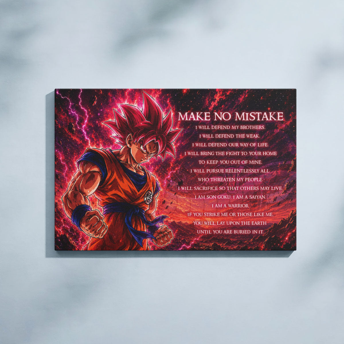 Goku Super Saiyan God Canvas Wall Art - Dragon Ball Super Motivational "Make No Mistake" Print - Ready to Hang Home Office Decor - DR097