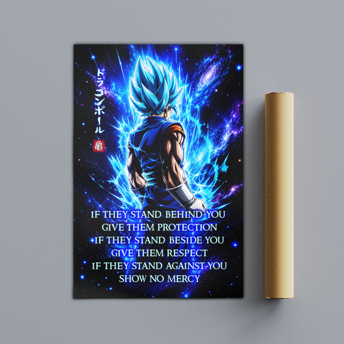 Vegito Blue Dragon Ball Super Canvas Wall Art - Show No Mercy - Motivational Quote Print - Office Living Room Decor, Framed Ready to Hang - DR099
