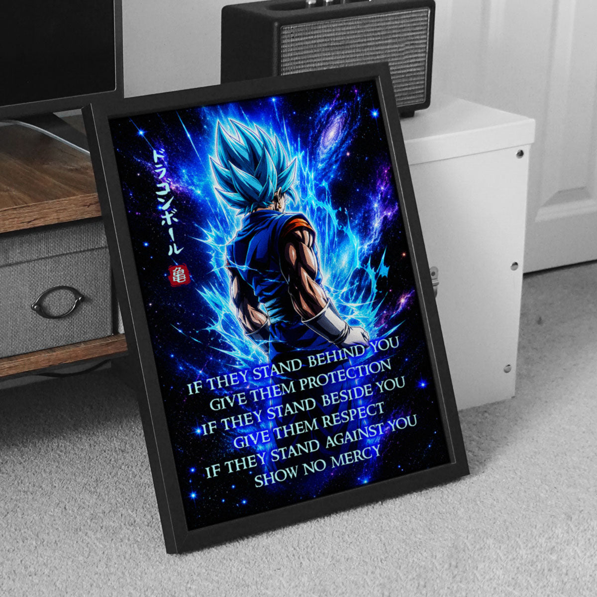 Vegito Blue Dragon Ball Super Canvas Wall Art - Show No Mercy - Motivational Quote Print - Office Living Room Decor, Framed Ready to Hang - DR099