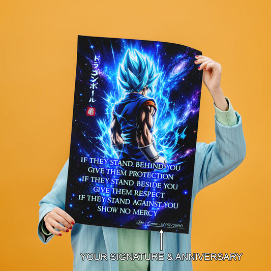 Vegito Blue Dragon Ball Super Canvas Wall Art - Show No Mercy - Motivational Quote Print - Office Living Room Decor, Framed Ready to Hang - DR099