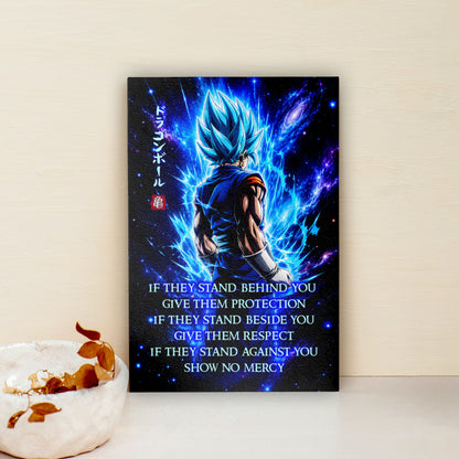 Vegito Blue Dragon Ball Super Canvas Wall Art - Show No Mercy - Motivational Quote Print - Office Living Room Decor, Framed Ready to Hang - DR099