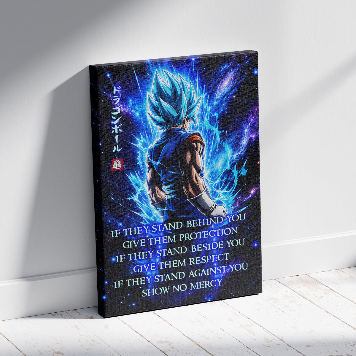 Vegito Blue Dragon Ball Super Canvas Wall Art - Show No Mercy - Motivational Quote Print - Office Living Room Decor, Framed Ready to Hang - DR099