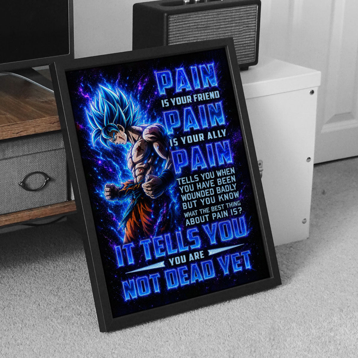 Goku Super Saiyan Blue Canvas Wall Art - Dragon Ball Super Motivational "Pain" Print - Ready to Hang Home Office Decor - DR100
