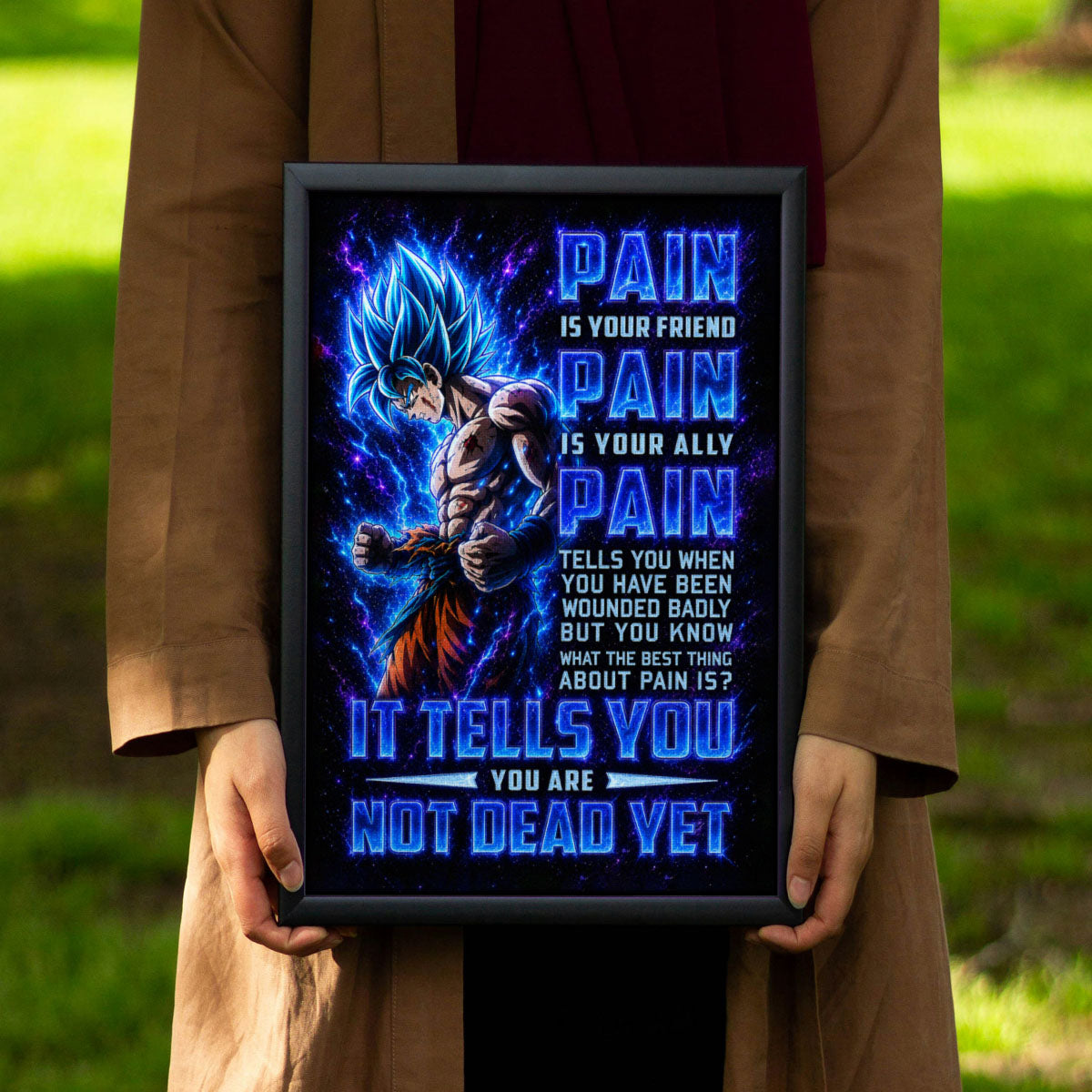 Goku Super Saiyan Blue Canvas Wall Art - Dragon Ball Super Motivational "Pain" Print - Ready to Hang Home Office Decor - DR100