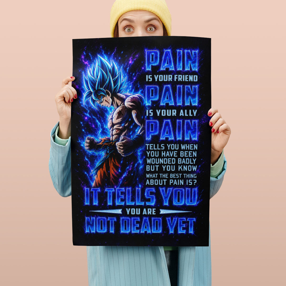 Goku Super Saiyan Blue Canvas Wall Art - Dragon Ball Super Motivational "Pain" Print - Ready to Hang Home Office Decor - DR100