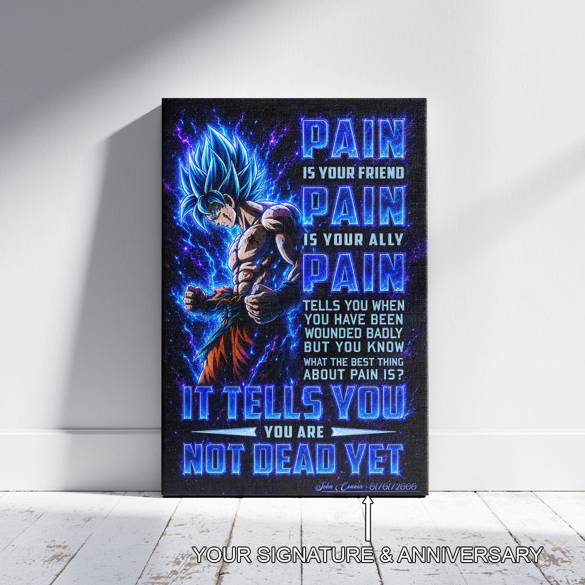 Goku Super Saiyan Blue Canvas Wall Art - Dragon Ball Super Motivational "Pain" Print - Ready to Hang Home Office Decor - DR100