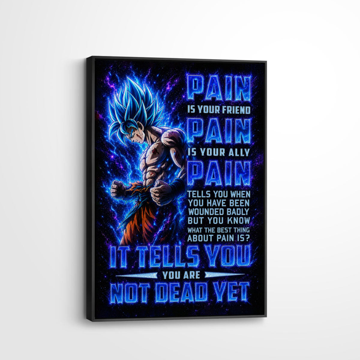 Goku Super Saiyan Blue Canvas Wall Art - Dragon Ball Super Motivational "Pain" Print - Ready to Hang Home Office Decor - DR100