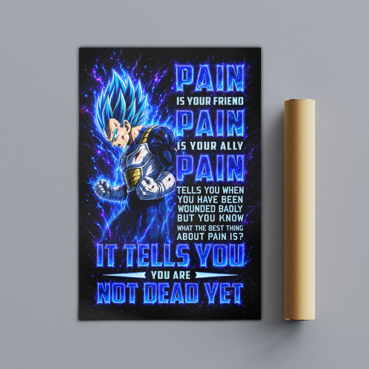 Vegeta Super Saiyan Blue Canvas Wall Art - Dragon Ball Super Motivational "Pain" Print - Ready to Hang Home Office Decor - DR101