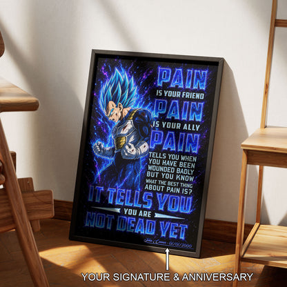 Vegeta Super Saiyan Blue Canvas Wall Art - Dragon Ball Super Motivational "Pain" Print - Ready to Hang Home Office Decor - DR101