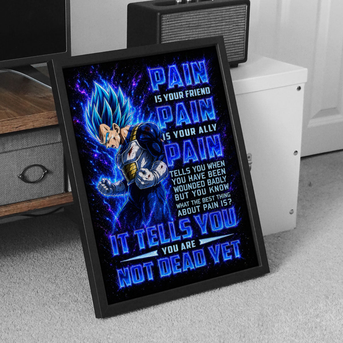 Vegeta Super Saiyan Blue Canvas Wall Art - Dragon Ball Super Motivational "Pain" Print - Ready to Hang Home Office Decor - DR101