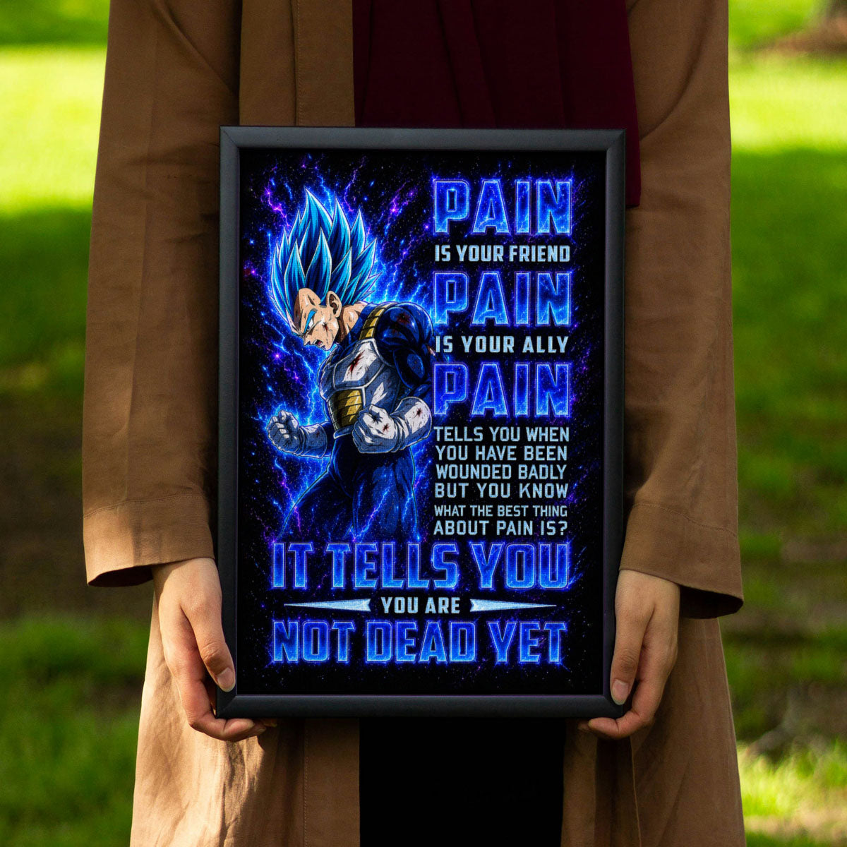 Vegeta Super Saiyan Blue Canvas Wall Art - Dragon Ball Super Motivational "Pain" Print - Ready to Hang Home Office Decor - DR101