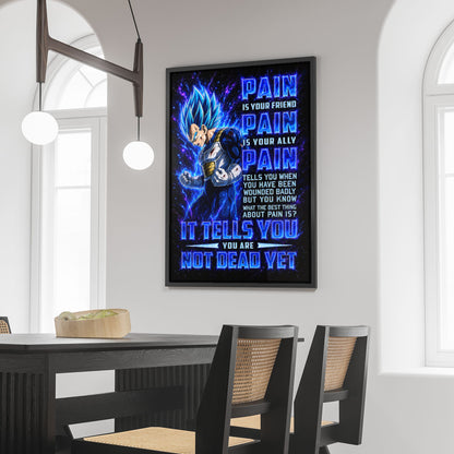 Vegeta Super Saiyan Blue Canvas Wall Art - Dragon Ball Super Motivational "Pain" Print - Ready to Hang Home Office Decor - DR101