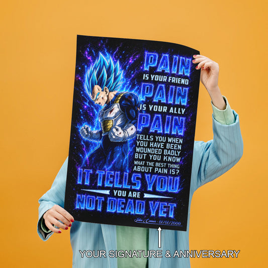 Vegeta Super Saiyan Blue Canvas Wall Art - Dragon Ball Super Motivational "Pain" Print - Ready to Hang Home Office Decor - DR101