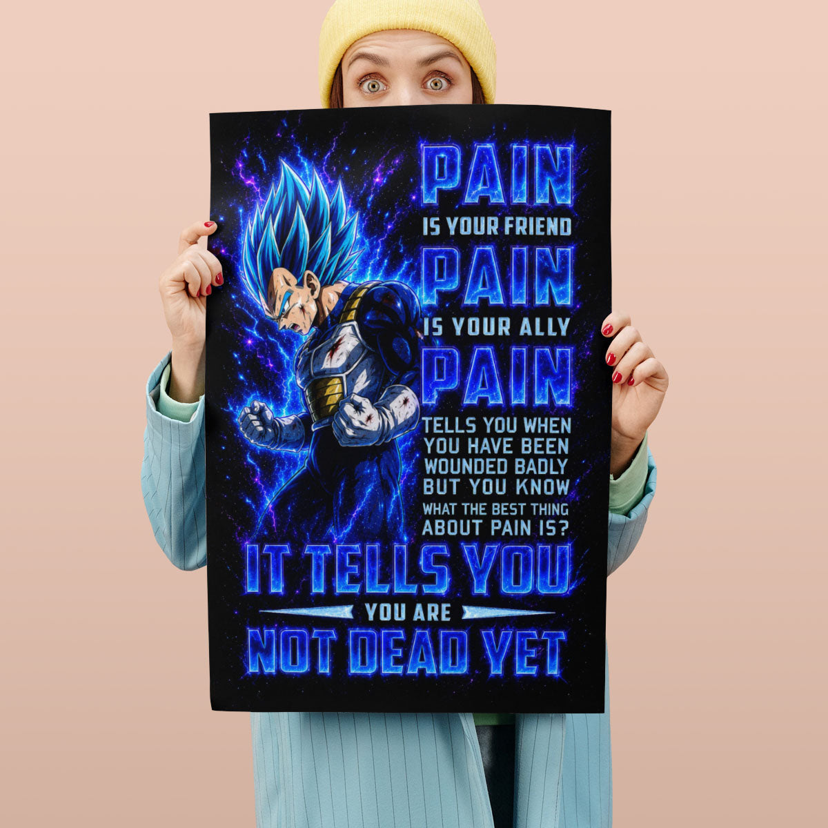 Vegeta Super Saiyan Blue Canvas Wall Art - Dragon Ball Super Motivational "Pain" Print - Ready to Hang Home Office Decor - DR101
