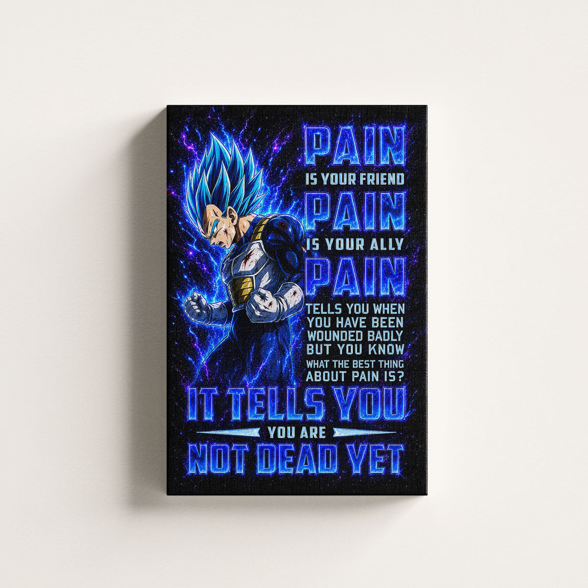 Vegeta Super Saiyan Blue Canvas Wall Art - Dragon Ball Super Motivational "Pain" Print - Ready to Hang Home Office Decor - DR101