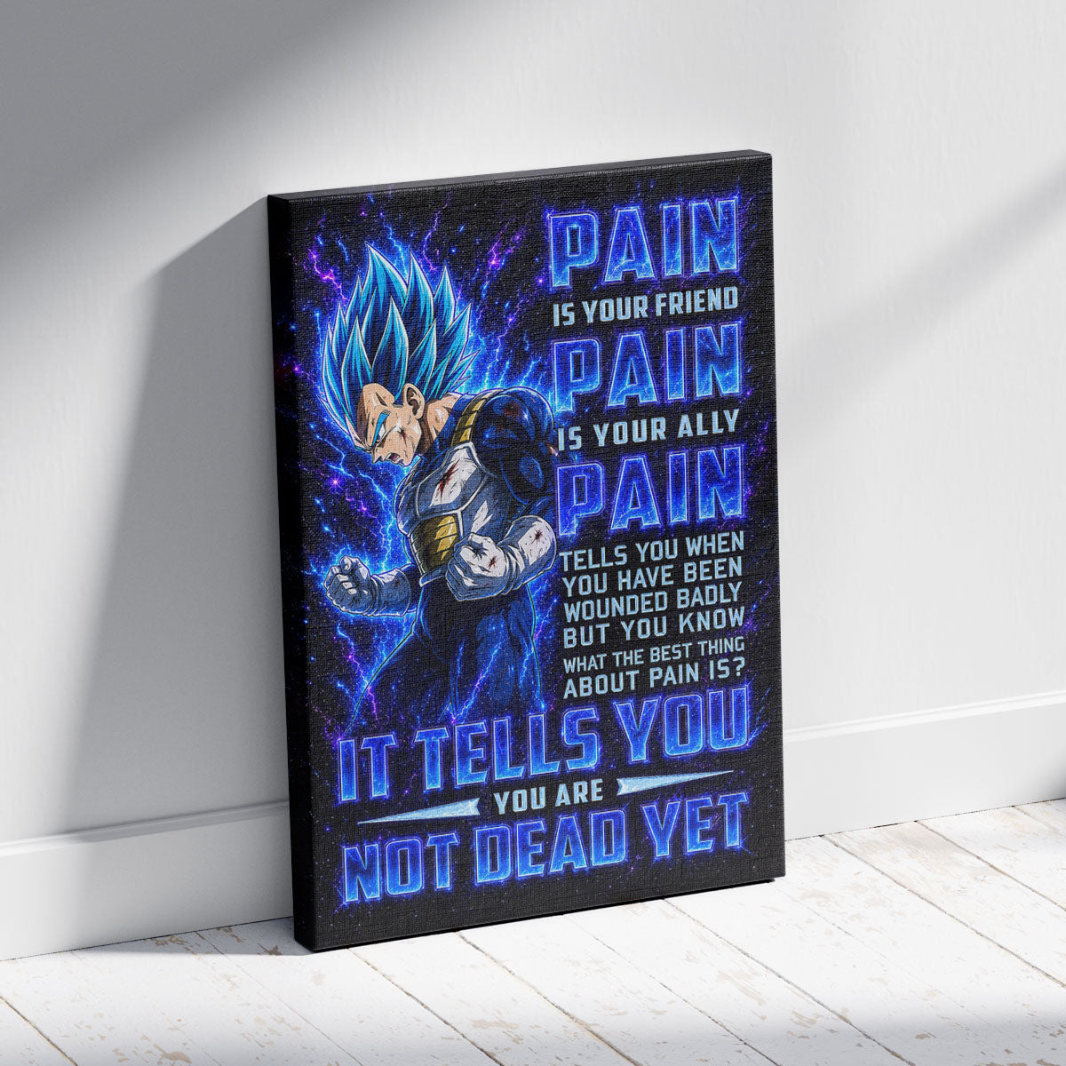 Vegeta Super Saiyan Blue Canvas Wall Art - Dragon Ball Super Motivational "Pain" Print - Ready to Hang Home Office Decor - DR101