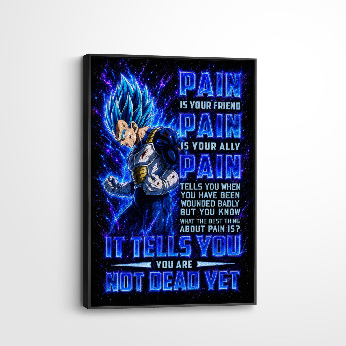 Vegeta Super Saiyan Blue Canvas Wall Art - Dragon Ball Super Motivational "Pain" Print - Ready to Hang Home Office Decor - DR101