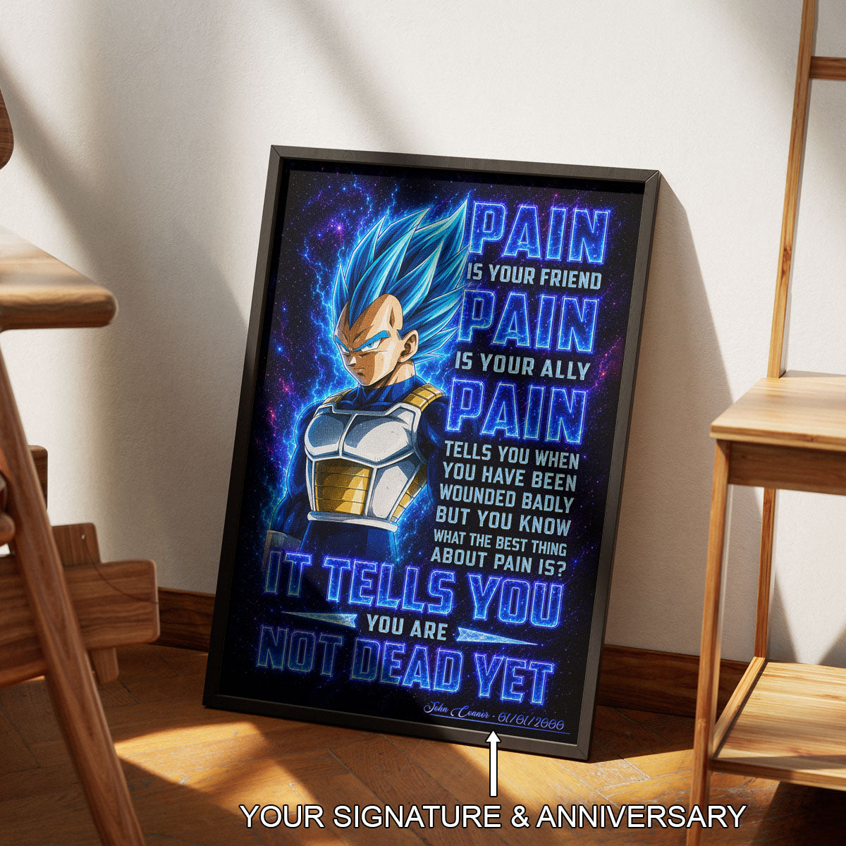 Vegeta Super Saiyan Blue Canvas Wall Art - Dragon Ball Super Motivational "Pain" Print - Ready to Hang Home Office Decor - DR102