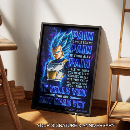 Vegeta Super Saiyan Blue Canvas Wall Art - Dragon Ball Super Motivational "Pain" Print - Ready to Hang Home Office Decor - DR102