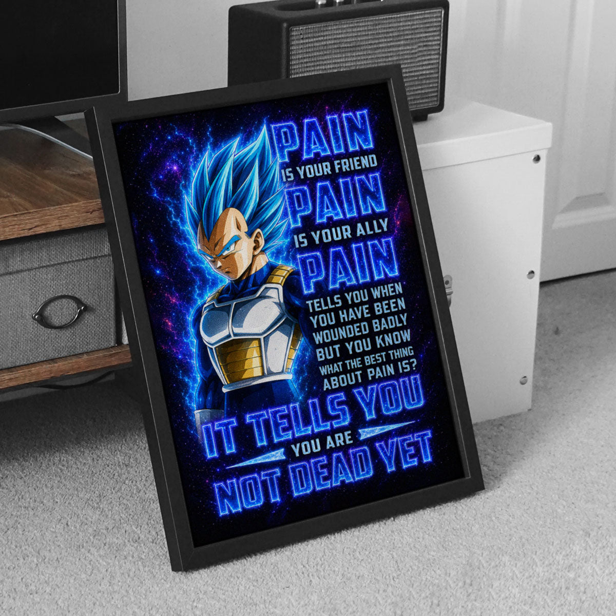 Vegeta Super Saiyan Blue Canvas Wall Art - Dragon Ball Super Motivational "Pain" Print - Ready to Hang Home Office Decor - DR102