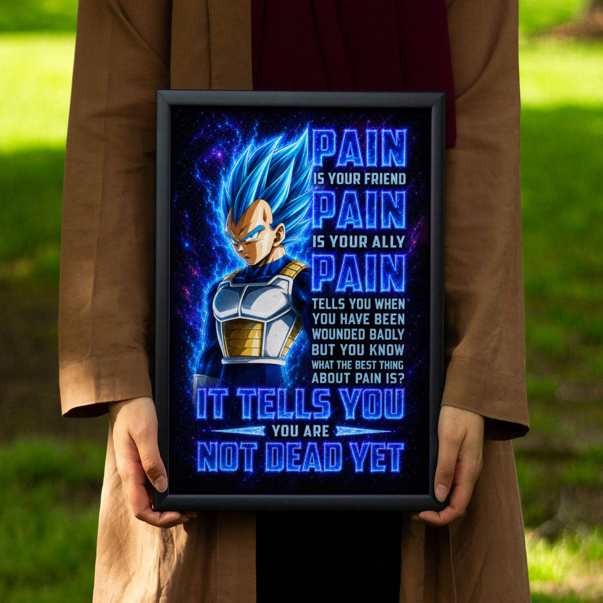 Vegeta Super Saiyan Blue Canvas Wall Art - Dragon Ball Super Motivational "Pain" Print - Ready to Hang Home Office Decor - DR102