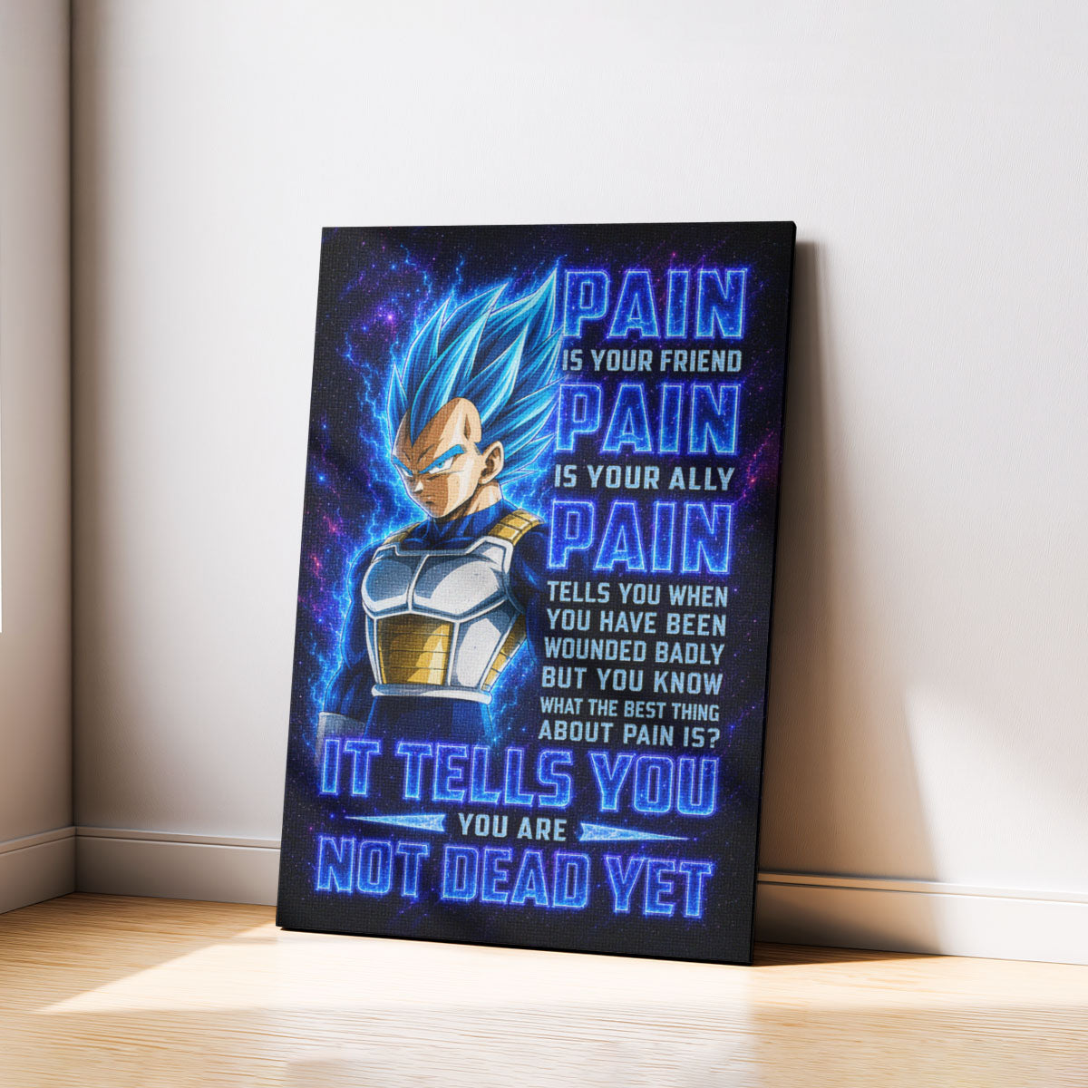 Vegeta Super Saiyan Blue Canvas Wall Art - Dragon Ball Super Motivational "Pain" Print - Ready to Hang Home Office Decor - DR102