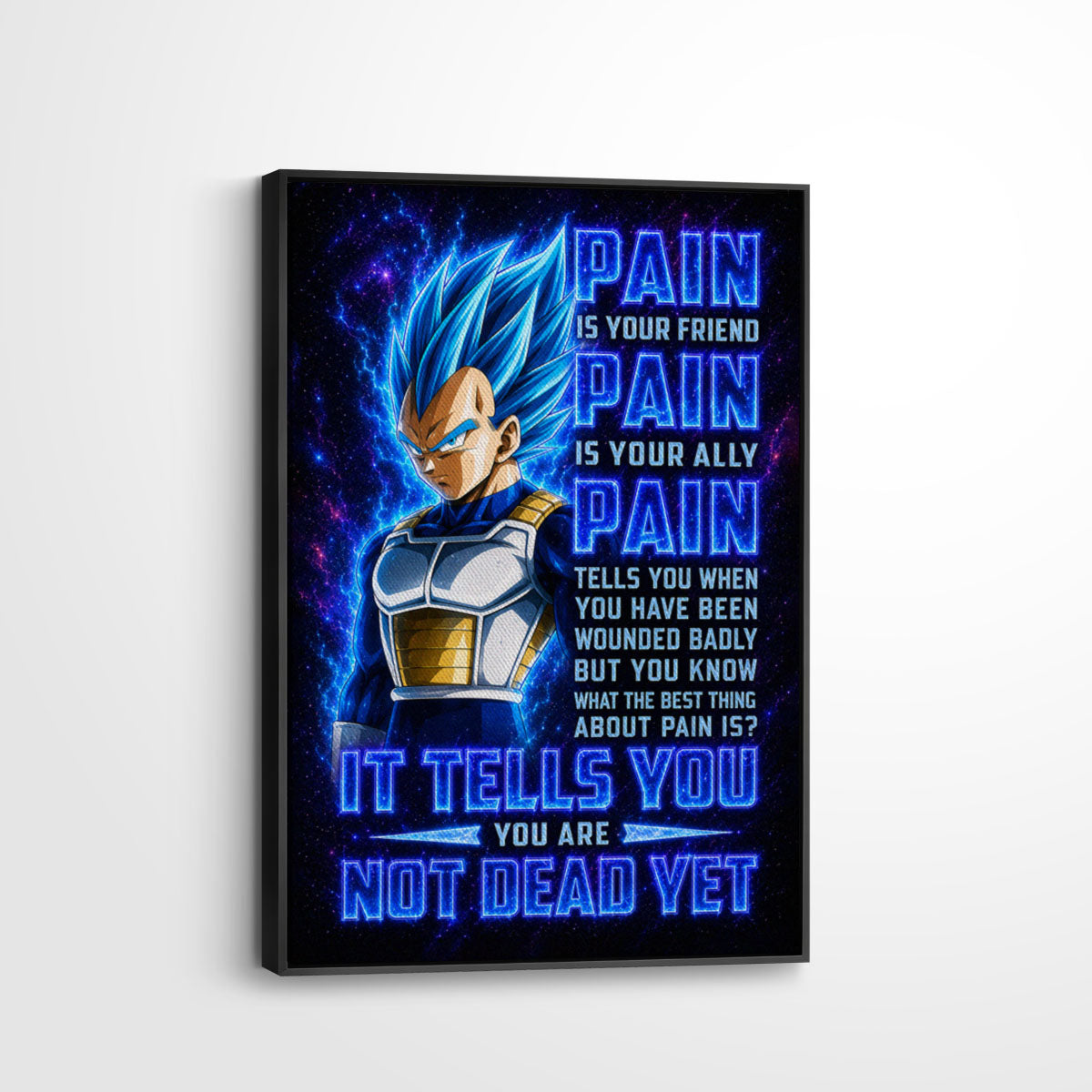 Vegeta Super Saiyan Blue Canvas Wall Art - Dragon Ball Super Motivational "Pain" Print - Ready to Hang Home Office Decor - DR102