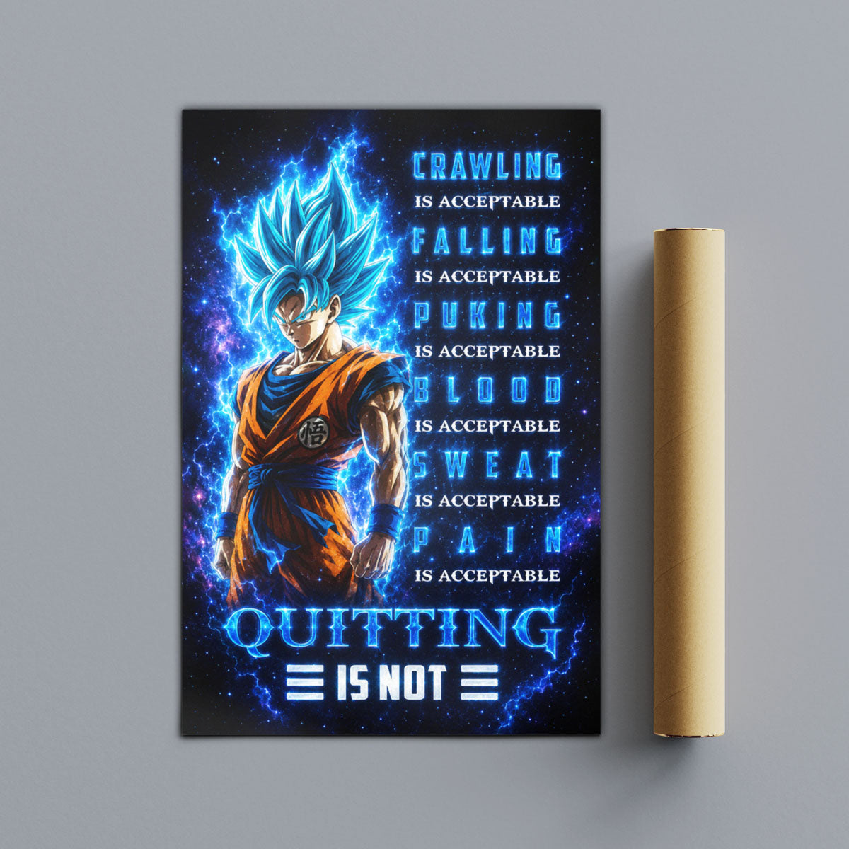 Goku Super Saiyan Blue Canvas Wall Art - Dragon Ball Anime Motivational Quote “Quitting Is Not” Print - Ready to Hang Gym Workout Decor - DR103