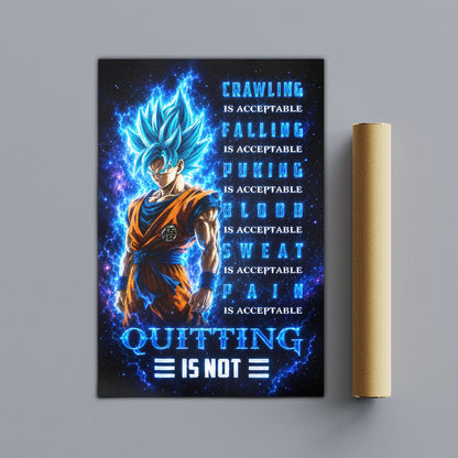 Goku Super Saiyan Blue Canvas Wall Art - Dragon Ball Anime Motivational Quote “Quitting Is Not” Print - Ready to Hang Gym Workout Decor - DR103