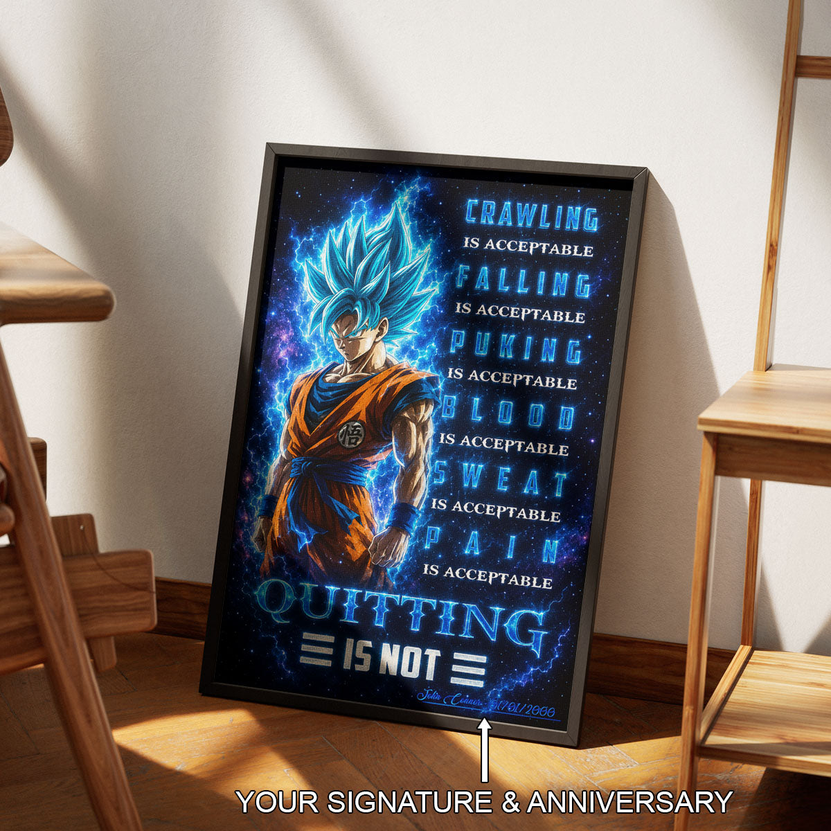 Goku Super Saiyan Blue Canvas Wall Art - Dragon Ball Anime Motivational Quote “Quitting Is Not” Print - Ready to Hang Gym Workout Decor - DR103