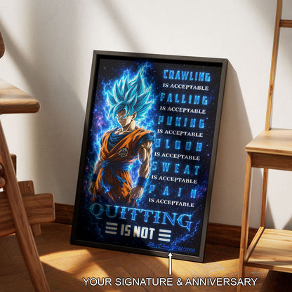 Goku Super Saiyan Blue Canvas Wall Art - Dragon Ball Anime Motivational Quote “Quitting Is Not” Print - Ready to Hang Gym Workout Decor - DR103
