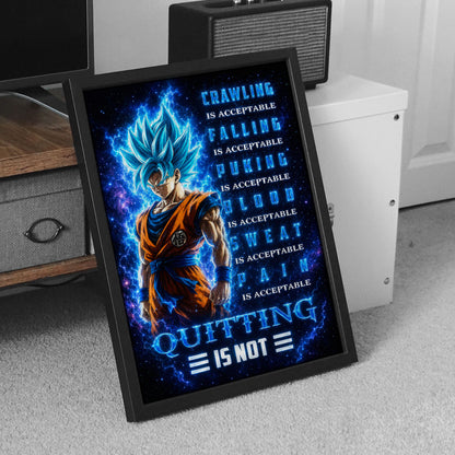Goku Super Saiyan Blue Canvas Wall Art - Dragon Ball Anime Motivational Quote “Quitting Is Not” Print - Ready to Hang Gym Workout Decor - DR103