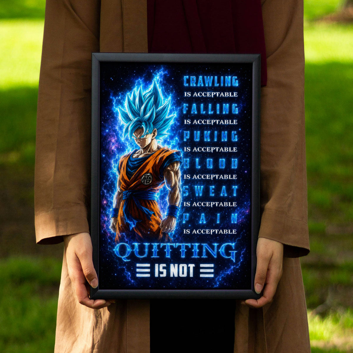 Goku Super Saiyan Blue Canvas Wall Art - Dragon Ball Anime Motivational Quote “Quitting Is Not” Print - Ready to Hang Gym Workout Decor - DR103