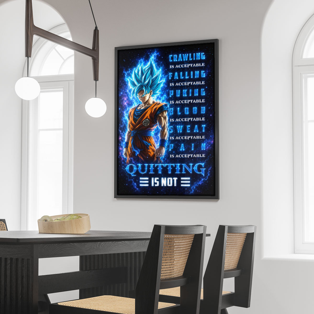 Goku Super Saiyan Blue Canvas Wall Art - Dragon Ball Anime Motivational Quote “Quitting Is Not” Print - Ready to Hang Gym Workout Decor - DR103