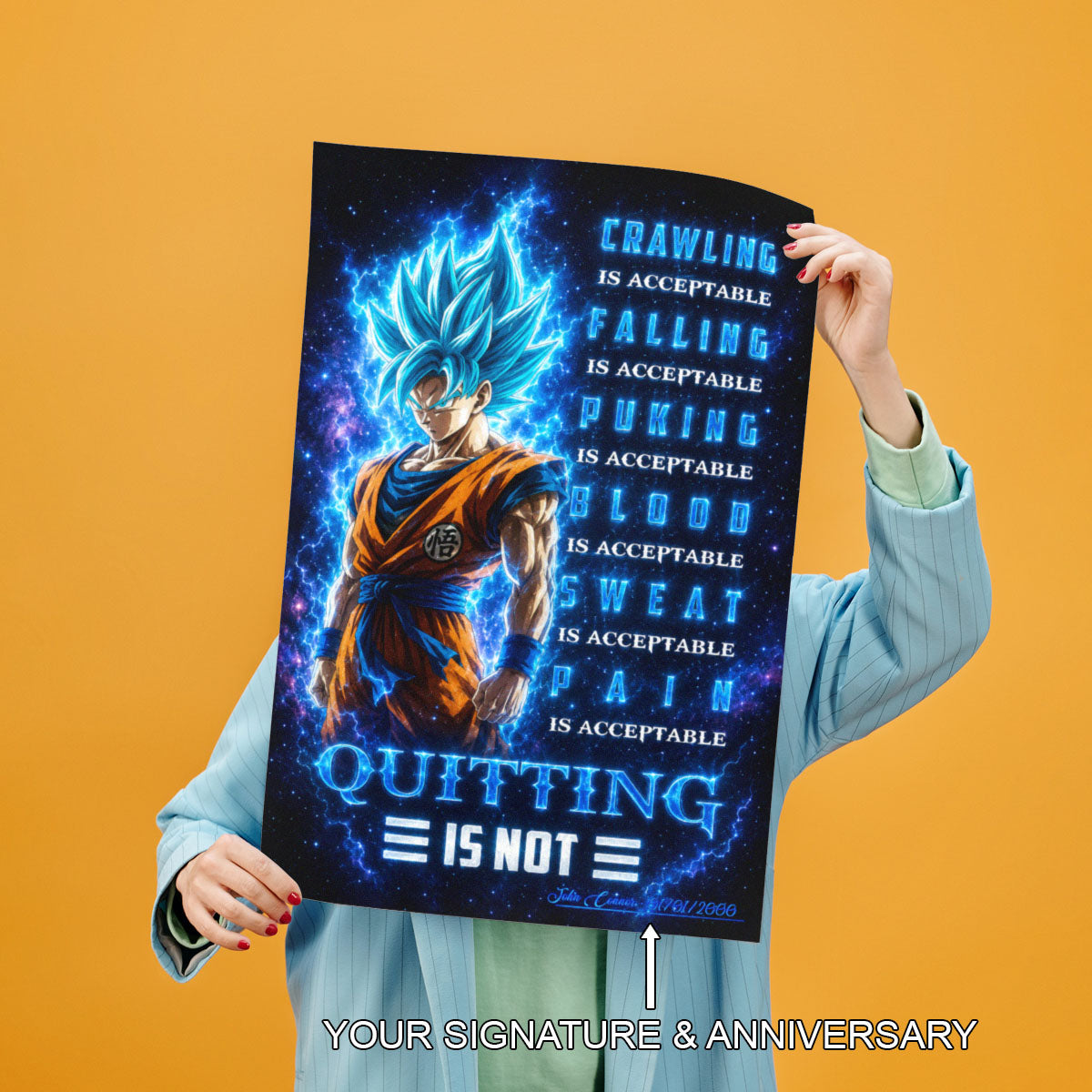 Goku Super Saiyan Blue Canvas Wall Art - Dragon Ball Anime Motivational Quote “Quitting Is Not” Print - Ready to Hang Gym Workout Decor - DR103