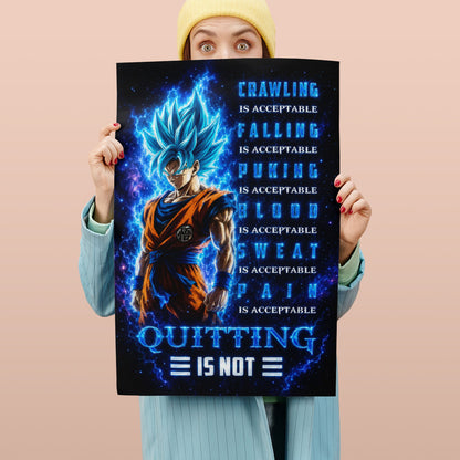 Goku Super Saiyan Blue Canvas Wall Art - Dragon Ball Anime Motivational Quote “Quitting Is Not” Print - Ready to Hang Gym Workout Decor - DR103
