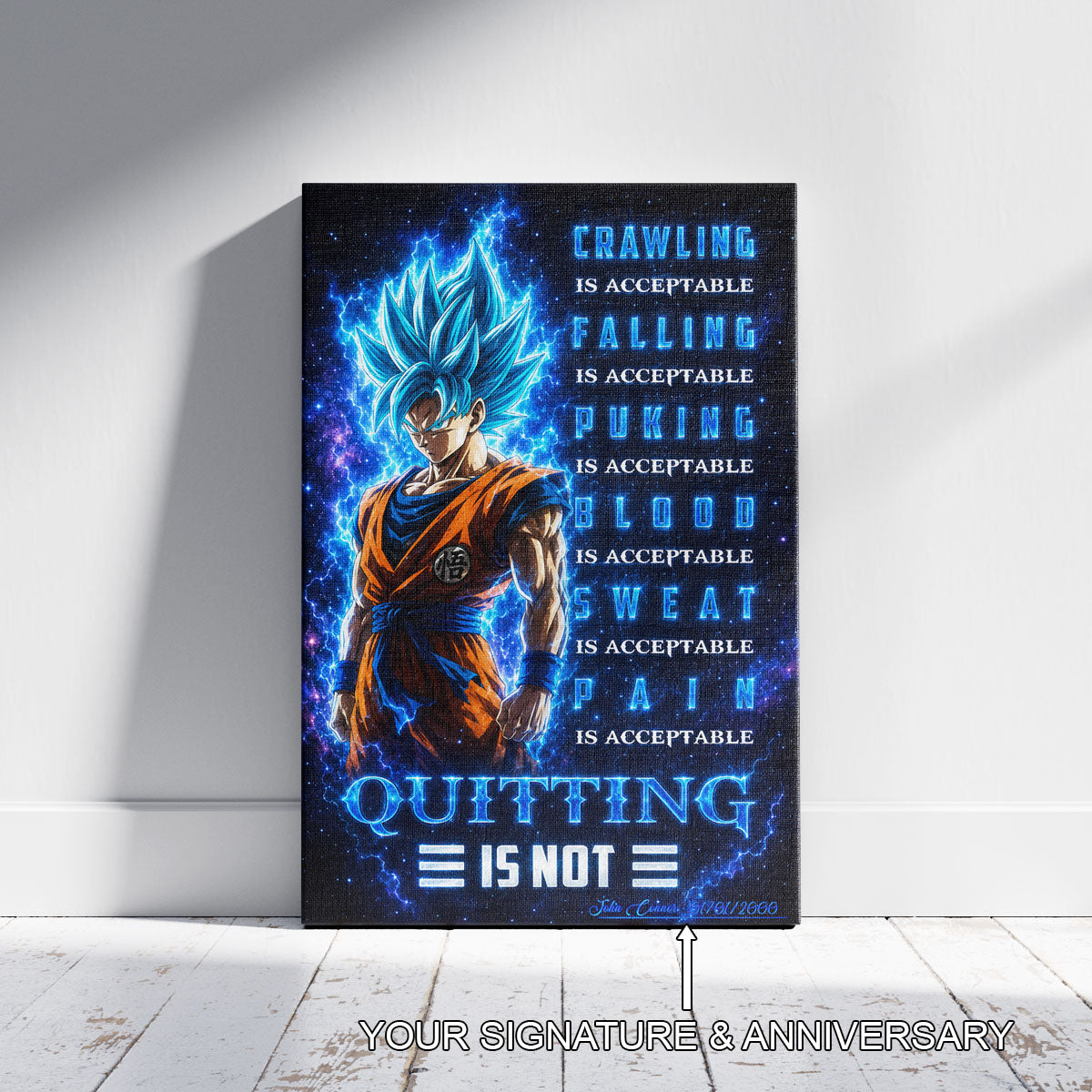 Goku Super Saiyan Blue Canvas Wall Art - Dragon Ball Anime Motivational Quote “Quitting Is Not” Print - Ready to Hang Gym Workout Decor - DR103