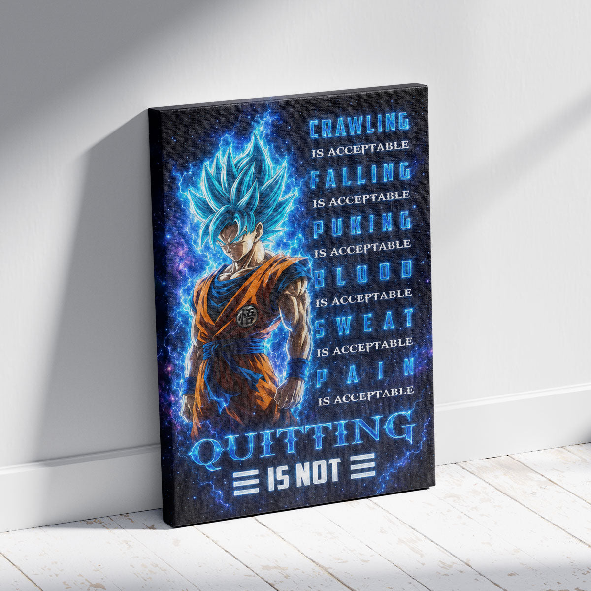 Goku Super Saiyan Blue Canvas Wall Art - Dragon Ball Anime Motivational Quote “Quitting Is Not” Print - Ready to Hang Gym Workout Decor - DR103