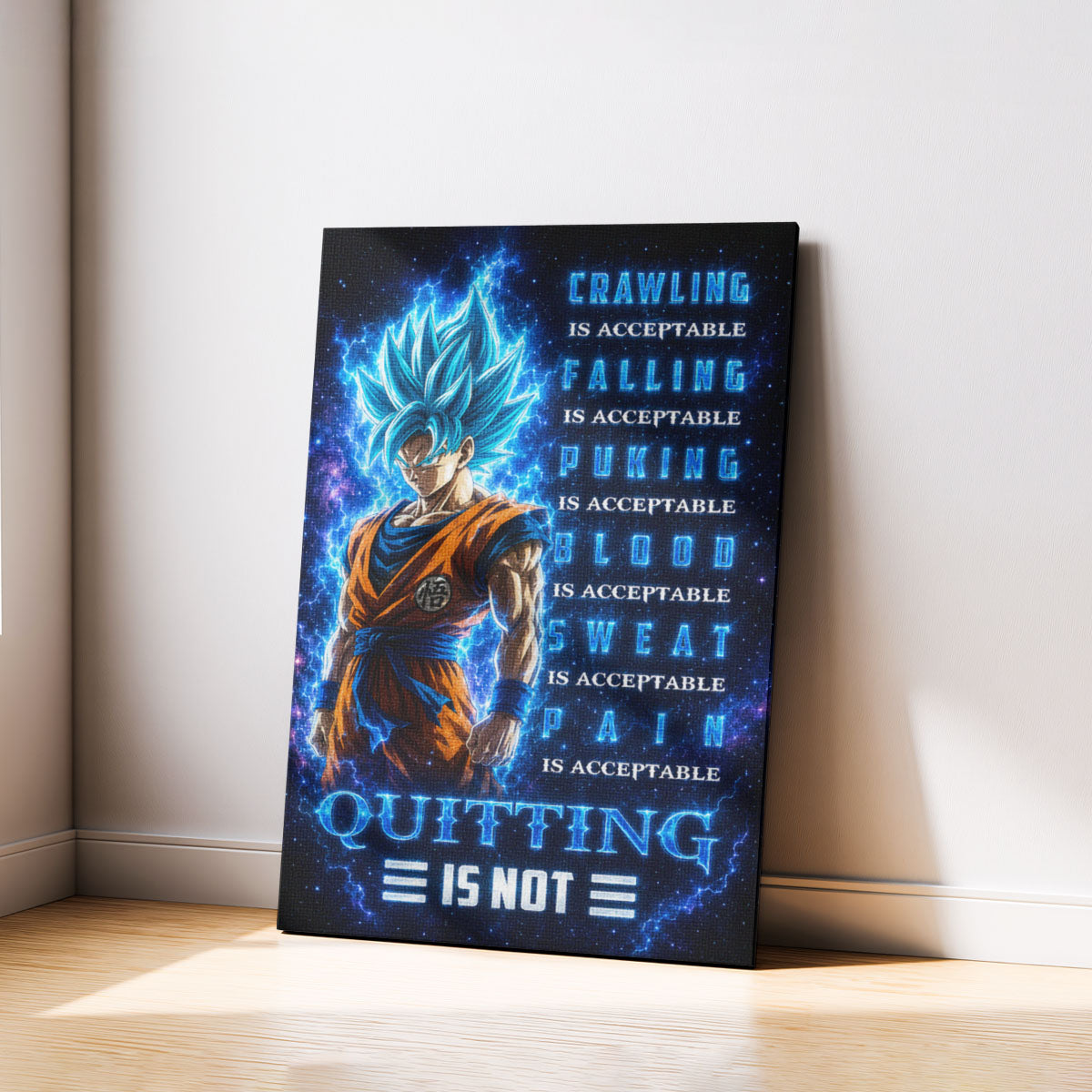 Goku Super Saiyan Blue Canvas Wall Art - Dragon Ball Anime Motivational Quote “Quitting Is Not” Print - Ready to Hang Gym Workout Decor - DR103